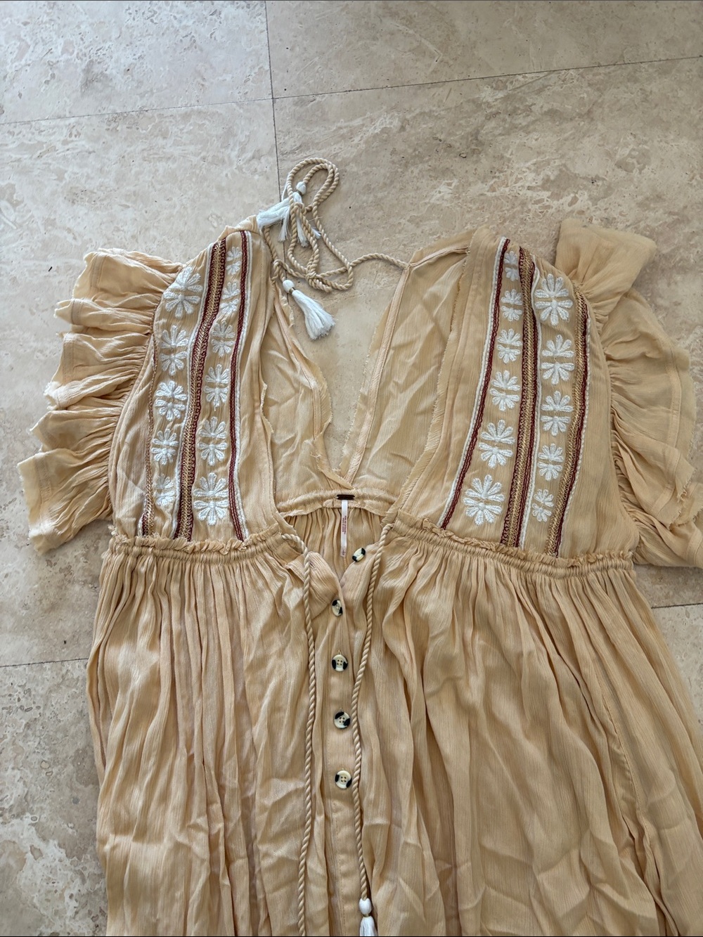 Free People Cream-Beige Embroidered Maxi Dress with Tassel Tie - Picture 2 of 4